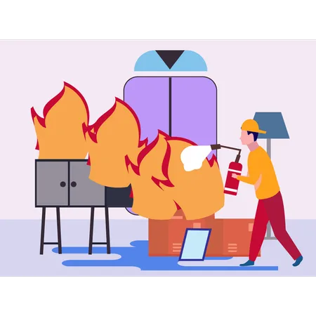 Fire brigade brought the fire under control with fire extinguishers  Illustration
