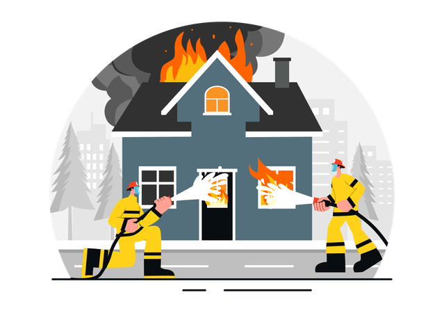 Fire Department running to save city house  Illustration