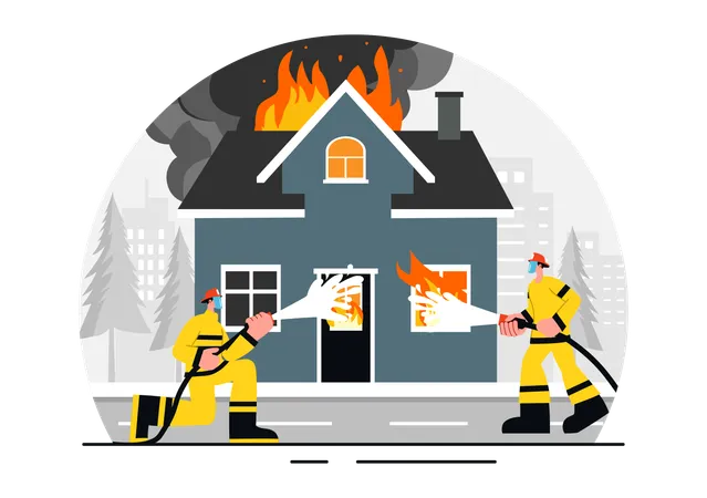 Fire Department running to save city house  Illustration