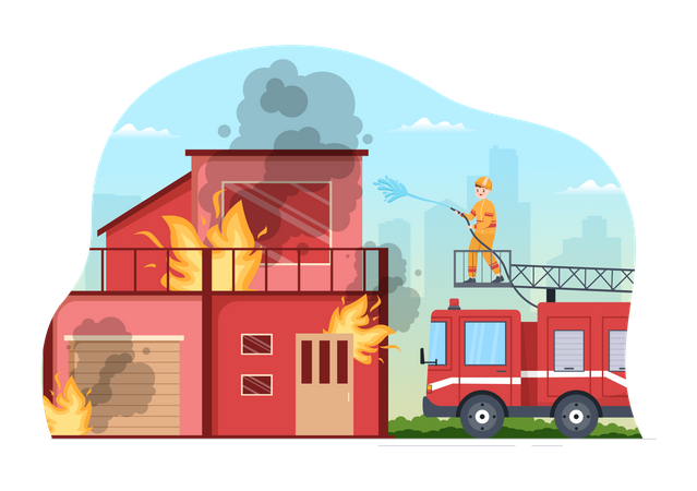 Fire Department with Firefighters Extinguishing House Illustration