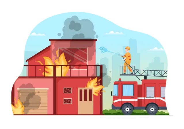 Fire Department with Firefighters Extinguishing House Illustration