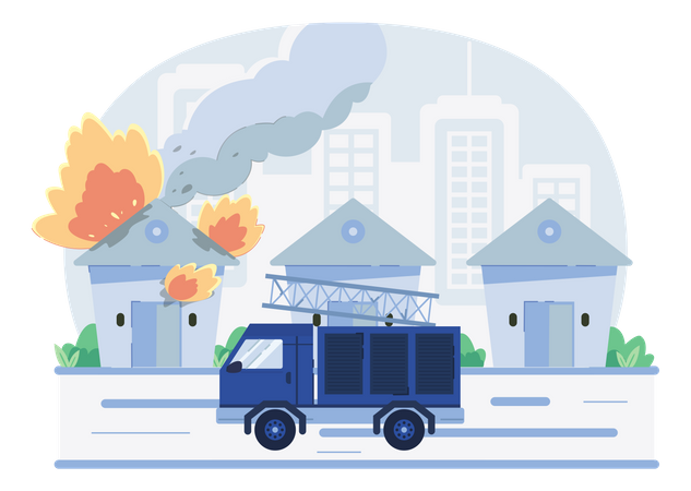 Fire engine reaching at fire emergency site Illustration