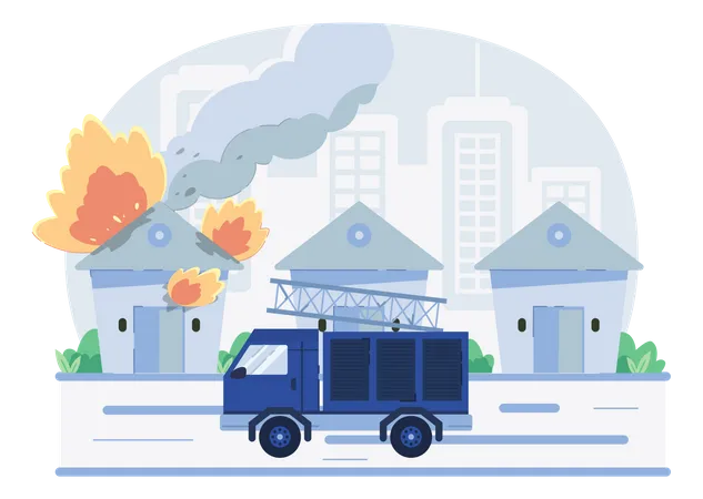 Fire engine reaching at fire emergency site  Illustration