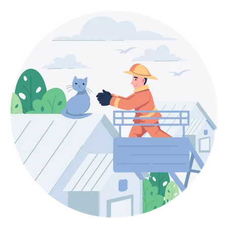 Fire fighter rescuing cat stuck on house roof  Illustration