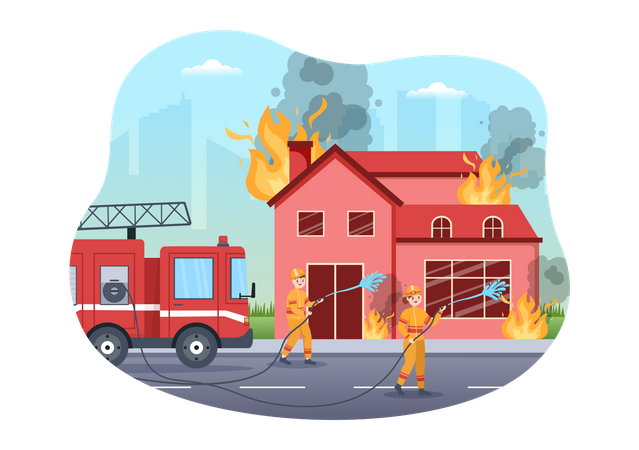 Fire Firefighters Extinguishing home  Illustration