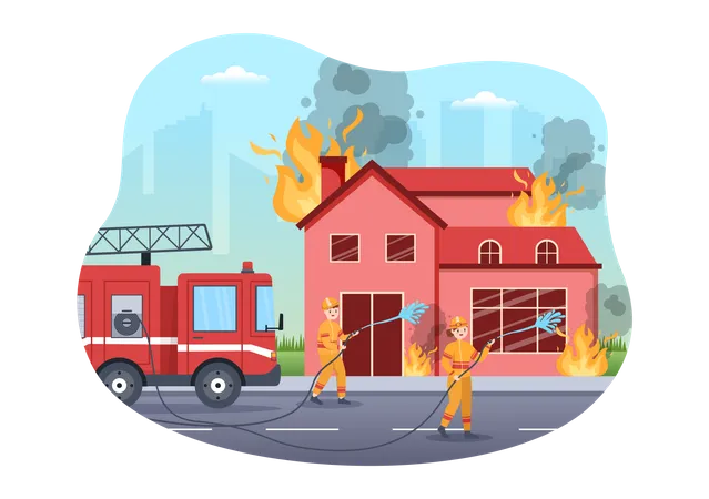 Fire Firefighters Extinguishing home  Illustration