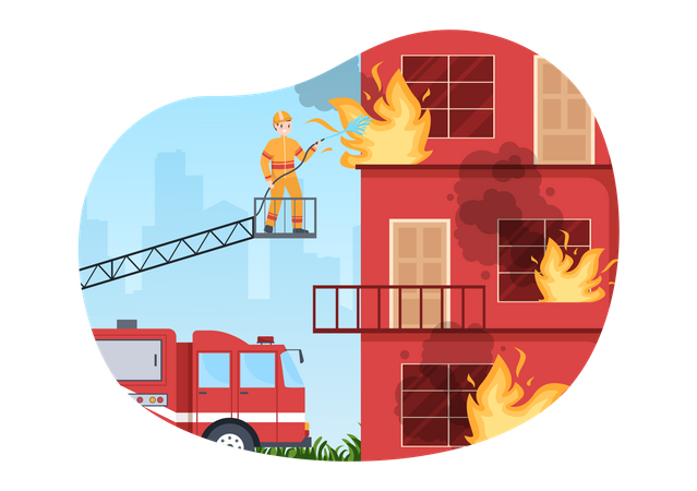 Fire Firefighters Extinguishing House  Illustration
