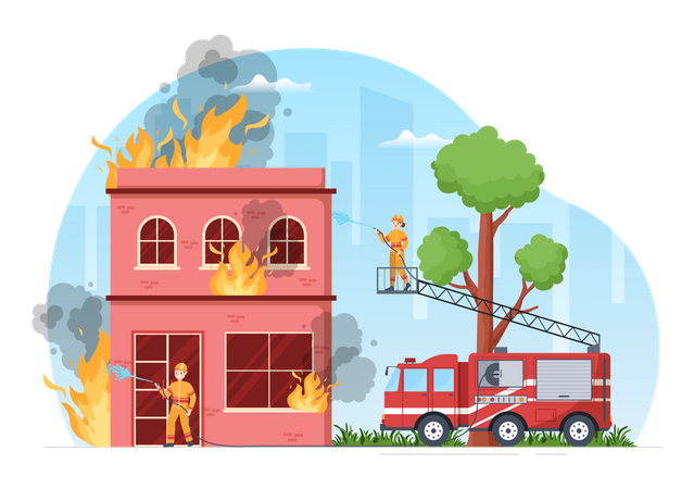Fire Firefighters Extinguishing house on fire  Illustration