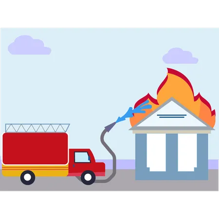 Fire is being extinguished with a water pipe  Illustration