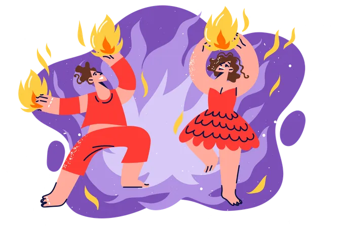Fire Show From Man And Woman Dancing Rhythmically To Music With Flame In Hands Dressed In Stage Clothes Passionate Couple Performs Fire Show For Spectators During Circus Entertainment Event Illustration