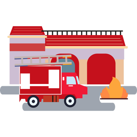 Fire truck is parked outside the building  Illustration
