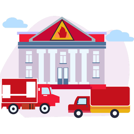 Fire trucks parked outside the fire building  Illustration