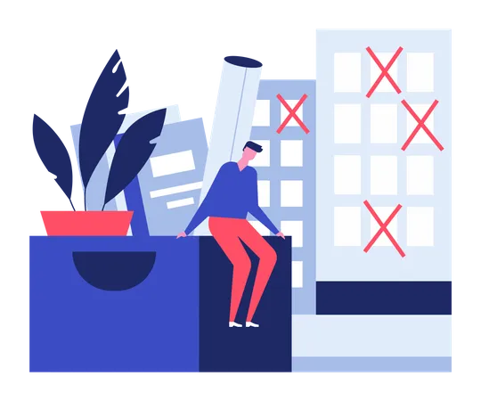 Dismissal Or Bankruptcy Modern Colorful Flat Design Style Illustration On White Background Sad Man Sits On The Office Table With Belongings Packed In A Box Some Offices Are No Longer Opened Illustration