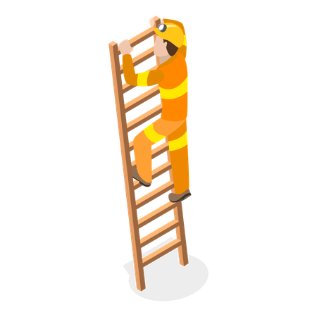 Firefighter climbing ladder for emergency rescue  イラスト