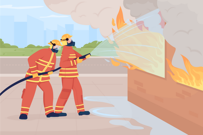 Firefighter extinguishing building fire Illustration