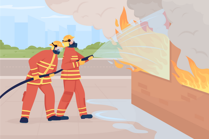 Firefighter extinguishing building fire  Illustration