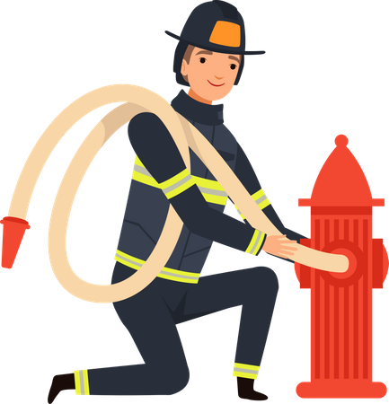 Firefighter fitting water pipe Illustration