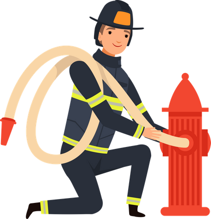 Firefighter fitting water pipe  Illustration