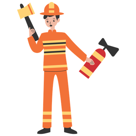 Firefighter Hero holding axe and fire  extinguisher  Illustration