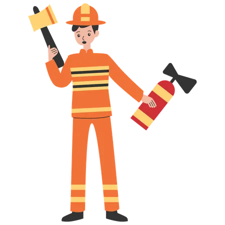 Firefighter Hero holding axe and fire  extinguisher  Illustration