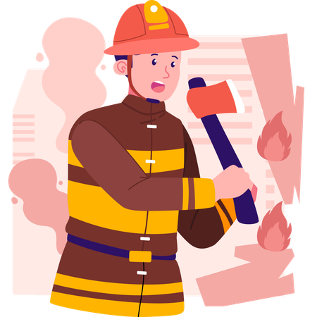 Firefighter holding emergency axe  Illustration