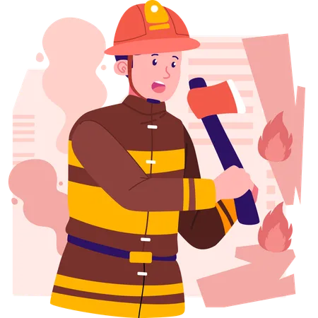 Firefighter holding emergency axe  Illustration