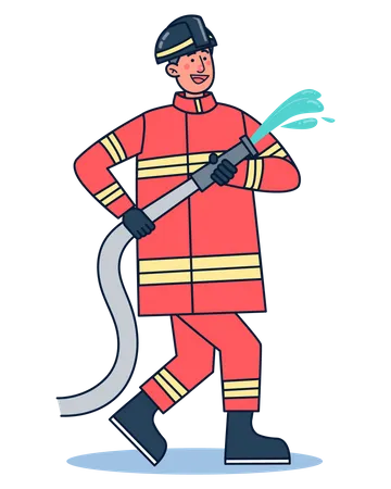 Firefighter holding hose of water  Illustration