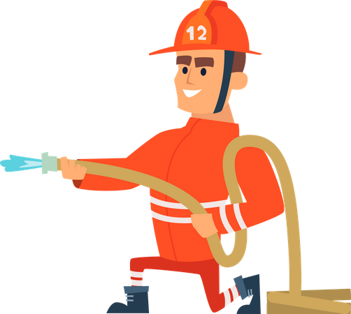 Firefighter holding hose of water Illustration