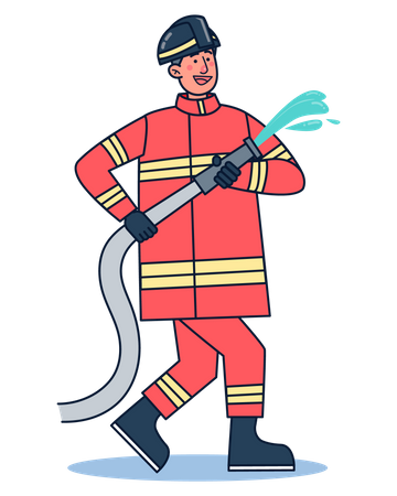 Firefighter holding hose of water  Illustration