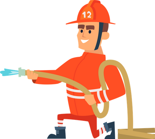 Firefighter holding hose of water  Illustration