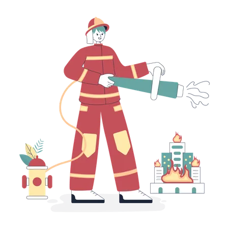 Firefighter hosing water pipe on burnt house  Illustration