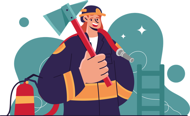 Firefighter man holding axe  Illustration