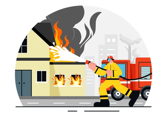 Firefighter man sprays water from pipe  Illustration