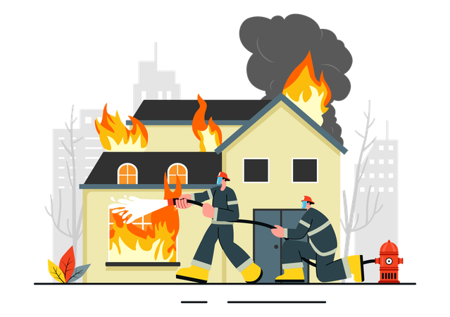 Firefighter men spraying water from hose  Illustration