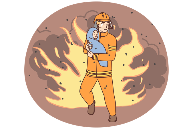 Firefighter rescue child from fire  Illustration