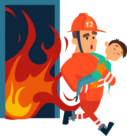 Firefighter rescue little child from fire  Illustration