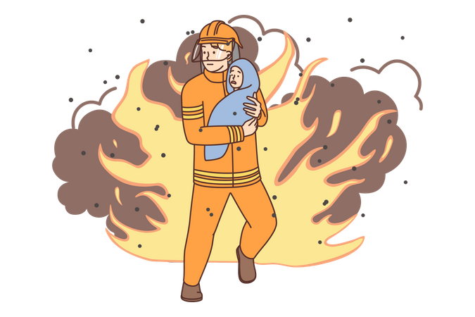 Firefighter saving kid  Illustration