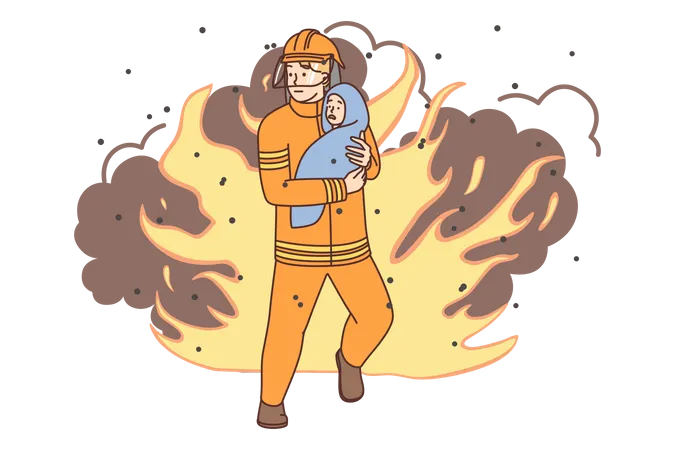 Firefighter saving kid  Illustration