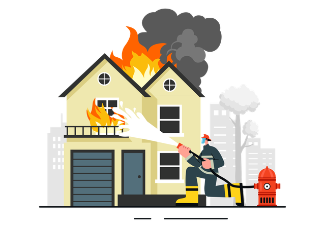 Firefighter saving lives in burning home  Illustration