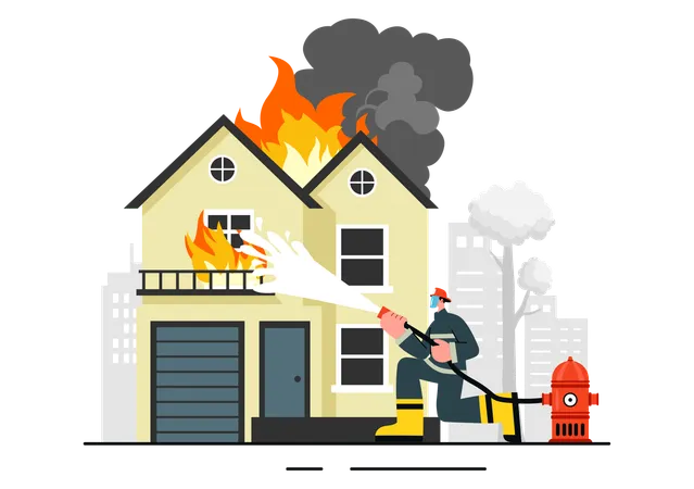 Firefighter saving lives in burning home  Illustration