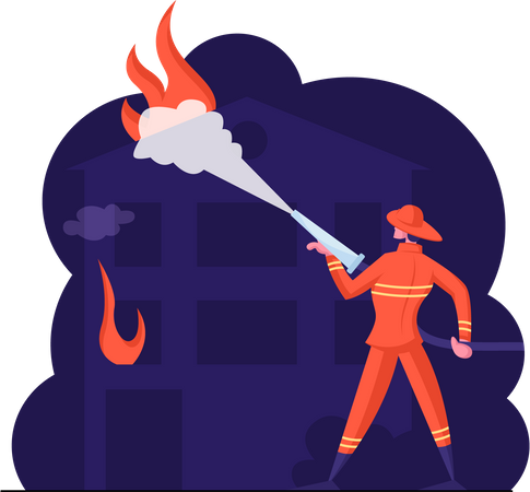 Firefighter spraying water on fire location Illustration
