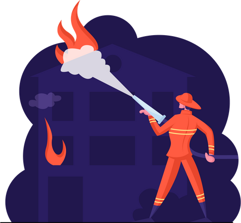 Firefighter spraying water on fire location  일러스트레이션