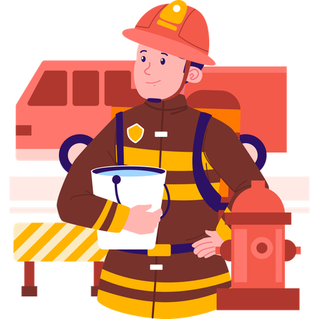 Firefighter standing with water bucket  Illustration
