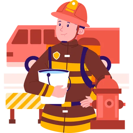 Firefighter standing with water bucket  Illustration