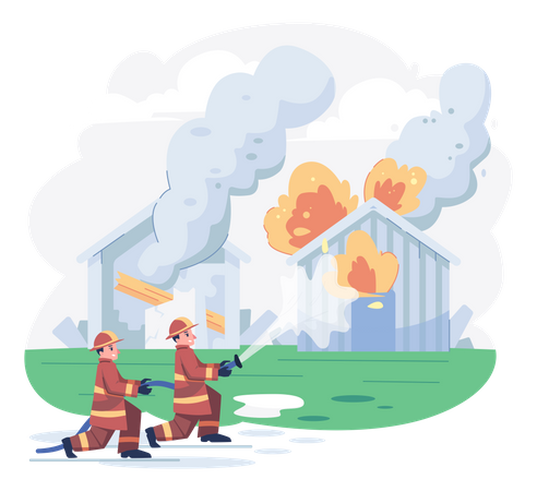 Firefighter team watering fire caused on shed Illustration