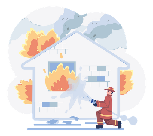 Firefighter throwing water using fire hose  Illustration