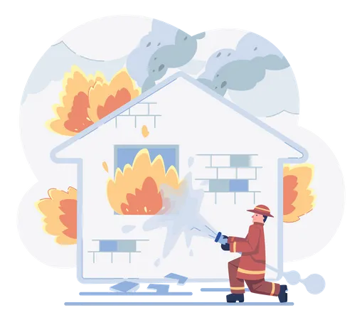 Firefighter throwing water using fire hose Illustration