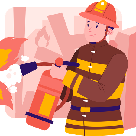 Firefighter using fire extinguisher to deal with fire  イラスト