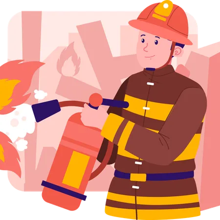 Firefighter using fire extinguisher to deal with fire  Illustration