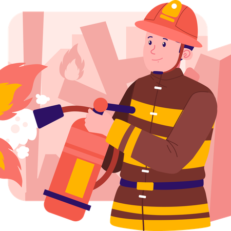 Firefighter using fire extinguisher to deal with fire  Illustration